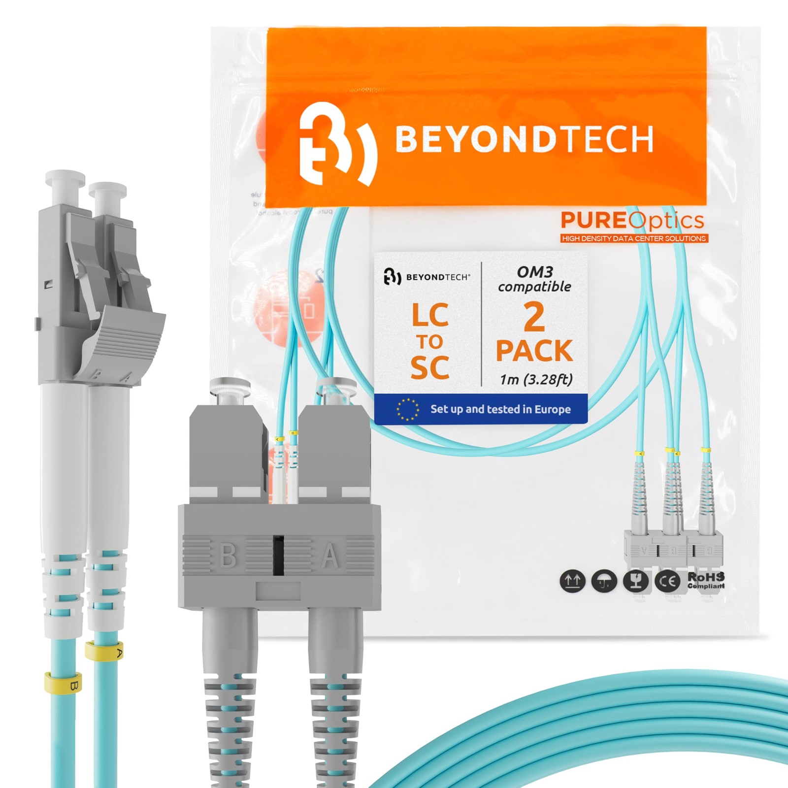 2 PCS 1m 3.28ft LC To SC UPC Multimode Duplex Fiber Patch Cable 50/125m OM3