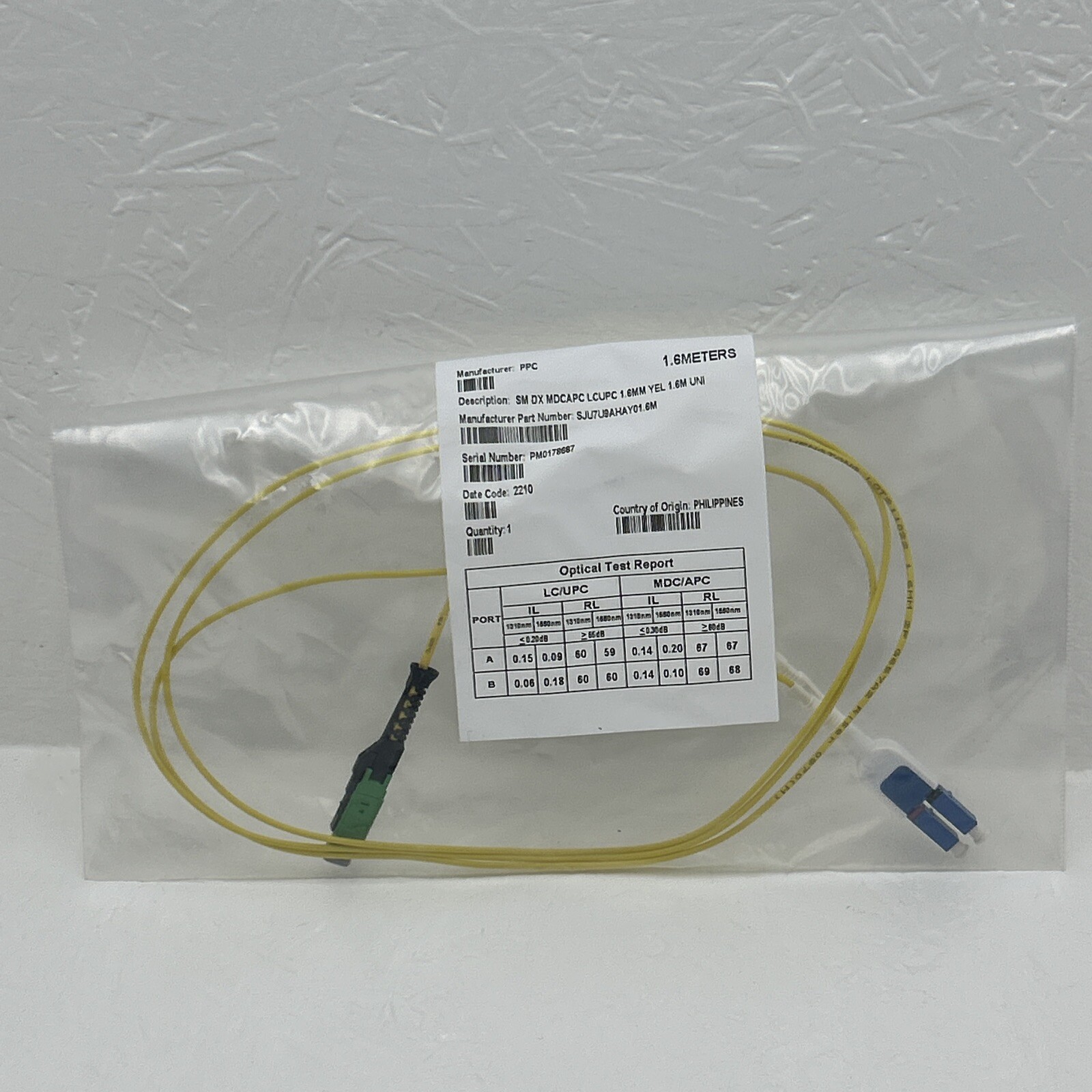 1.6 M LC/UPC to MDC/APC Uniboot Duplex 2mm Single Mode Fiber Optic Patch Cable
