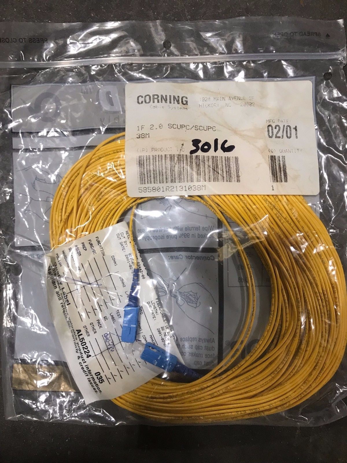 Corning fiber optic cable 1f 2.0 scupc/scupc 38m