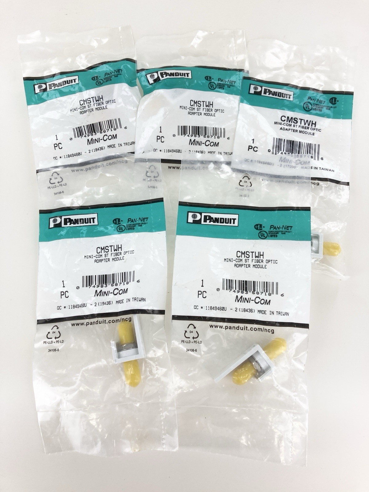 (LOT OF 5) Panduit CMSTWH Mini-Com ST Fiber Optic Adapter Module