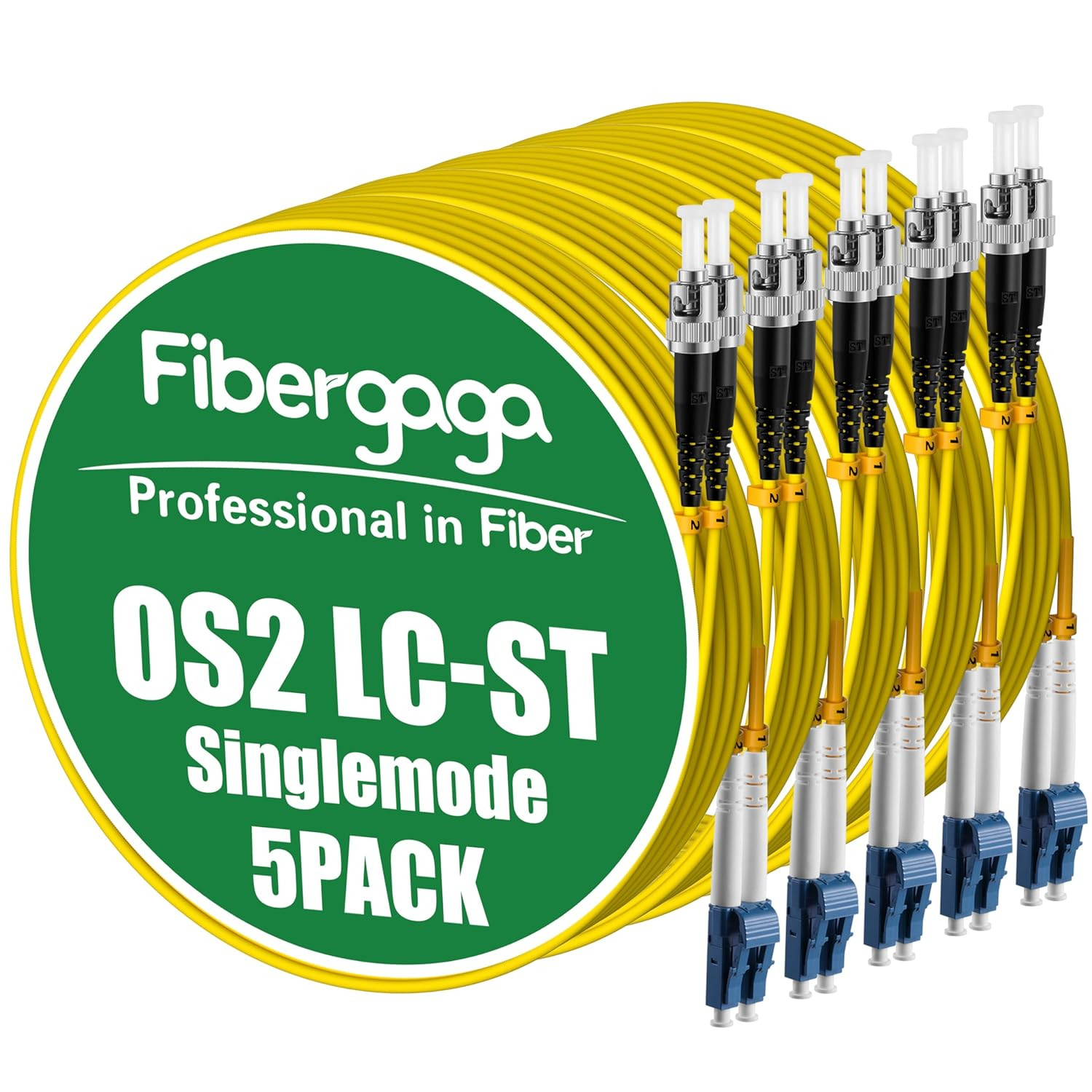 5-Pack 10M OS2 LC to ST Single-Mode Fiber Patch Cable, Duplex 9/125μm