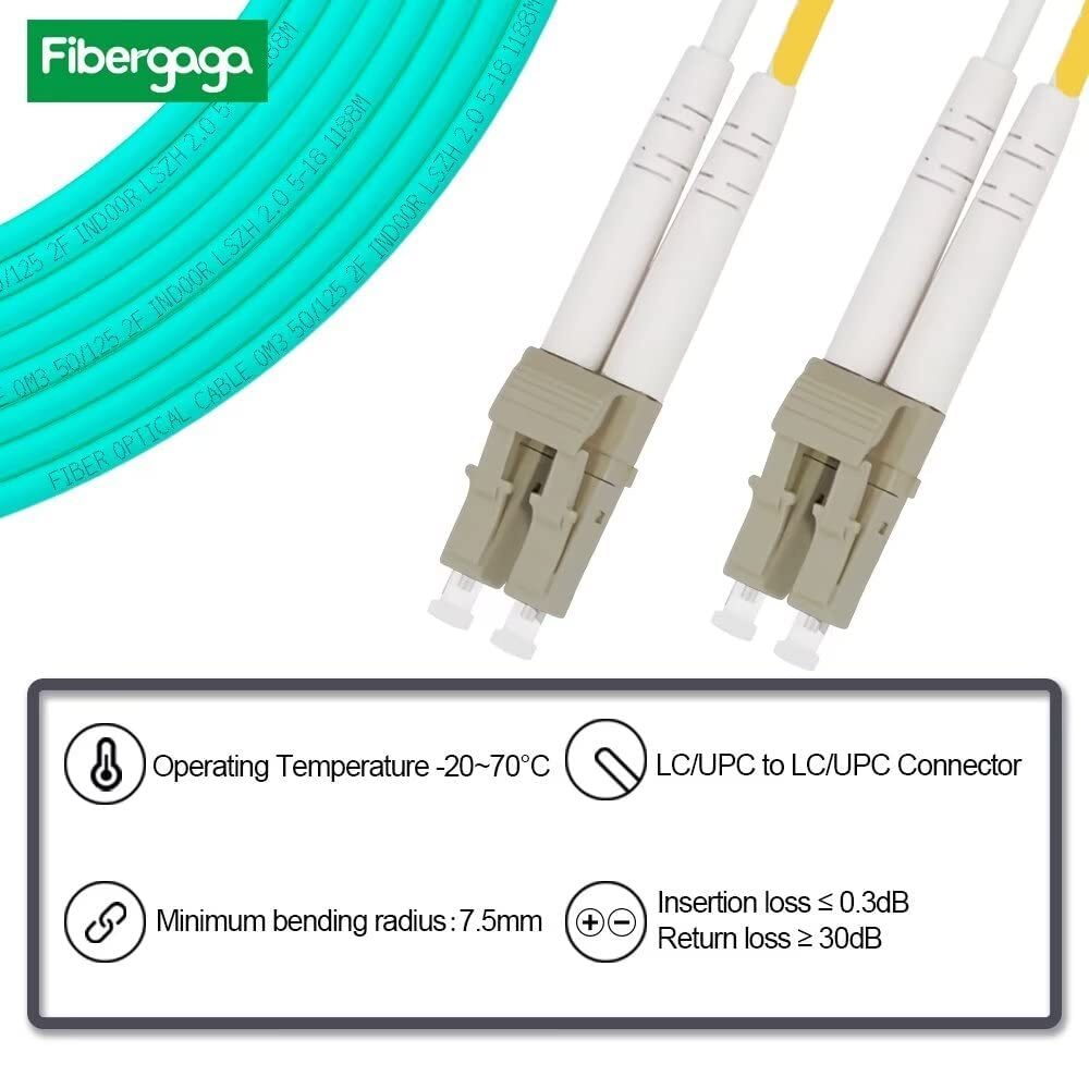 OM3 LC to LC Fiber Patch Cable Multimode 50/125m 10G/40G Duplex 0.2M 5-Pack
