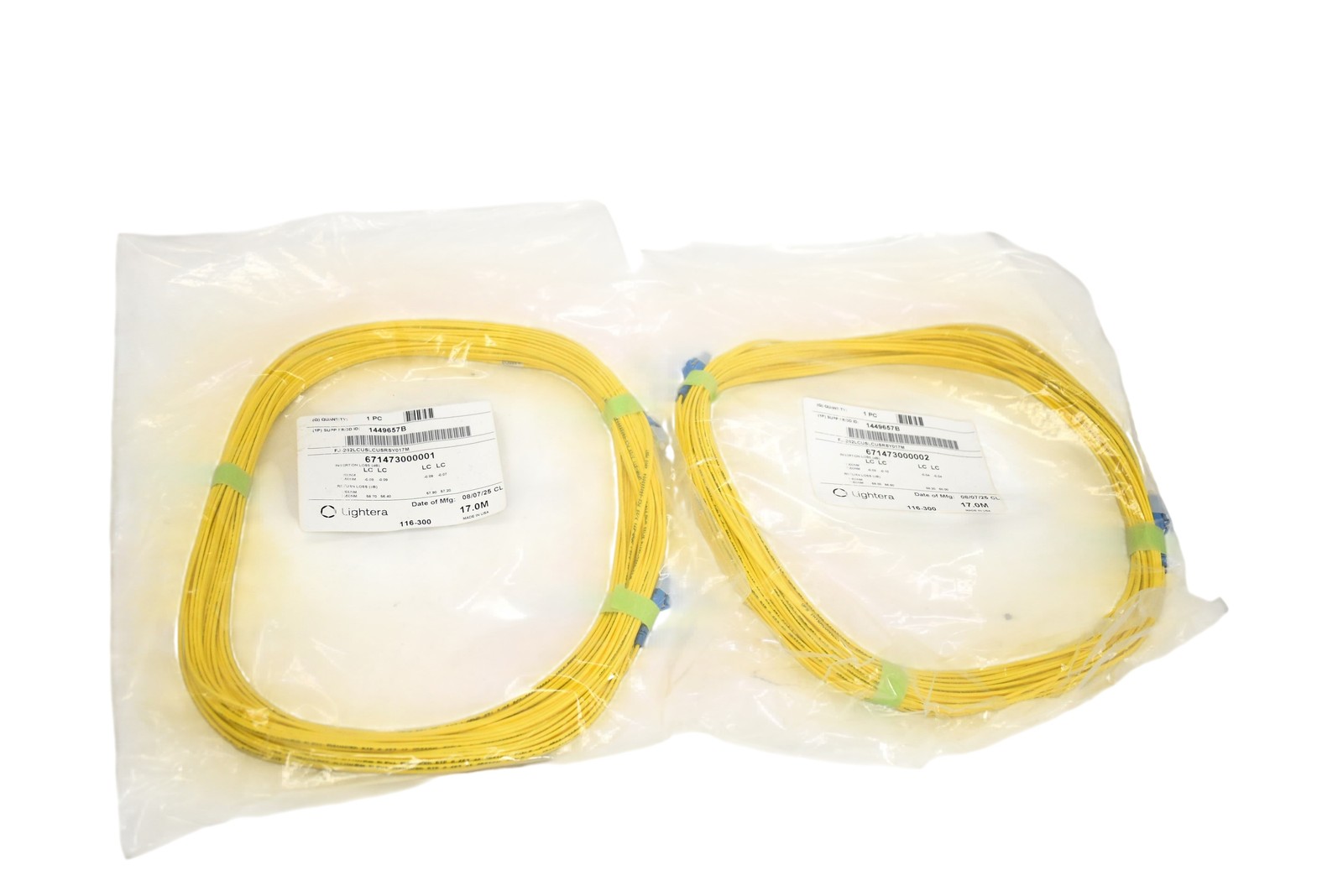 2 Lightera LC-LC Fiber Optic Patch Cable 17m Yellow Made in USA UPC 671473000002