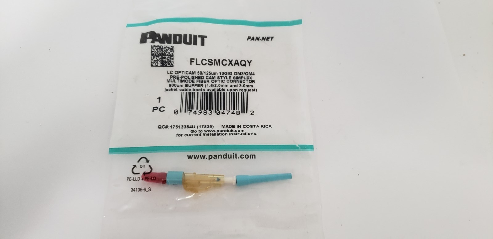 PANDUIT FLCSMCXAQY FIBER OPTIC CONNECTOR, LC OPTICAM 50/125um, 10GIG, NIB