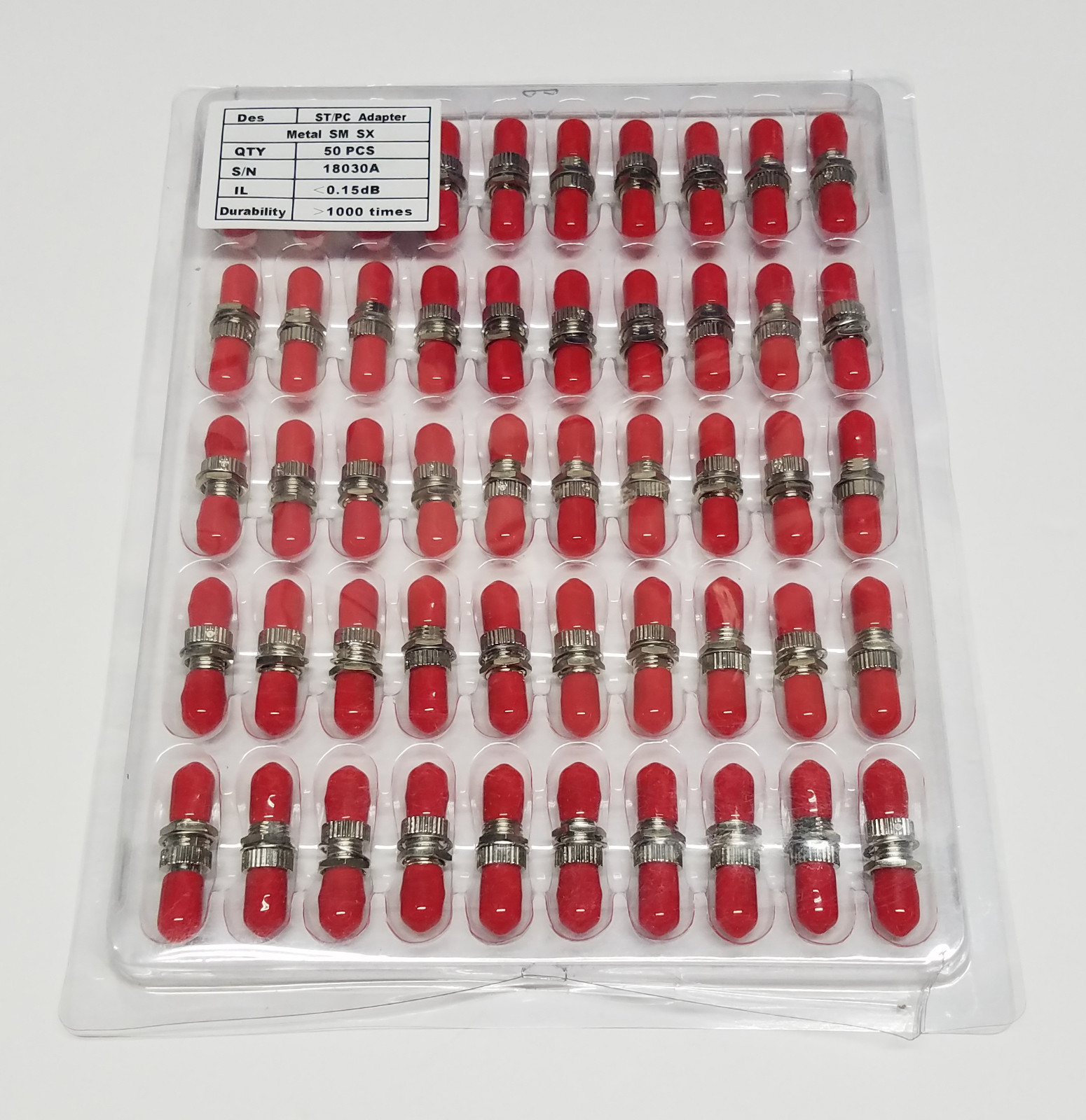 50 Piece Sheet ST/Simplex Singlemode & Multimode Adapters, Ceramic Sleeves, Caps