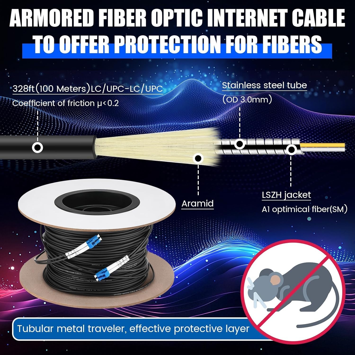 330ft (100 Meters) Fiber Lc to Lc Outdoor Armored Fiber Optic Internet Cable