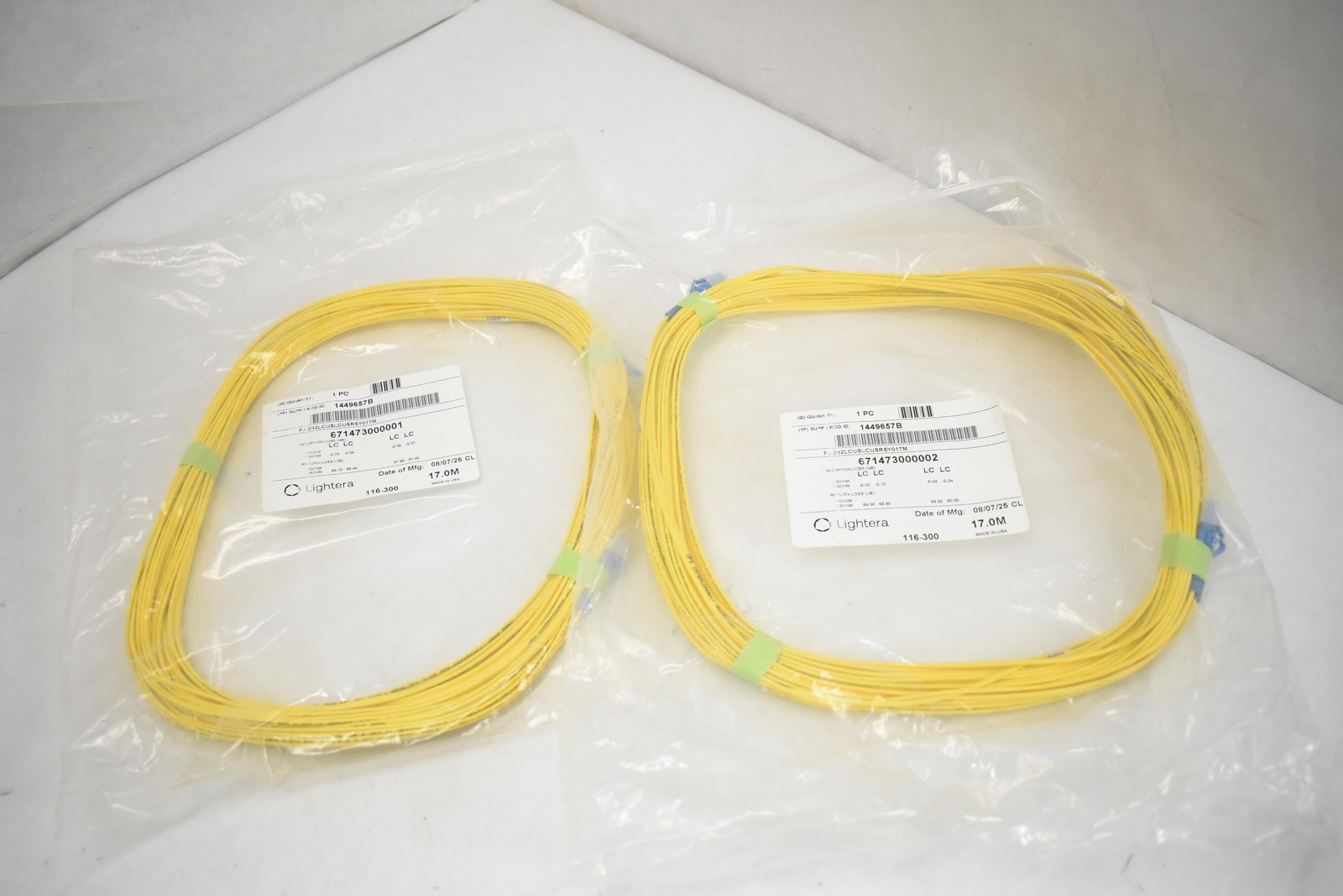 2 Lightera LC-LC Fiber Optic Patch Cable 17m Yellow Made in USA UPC 671473000002