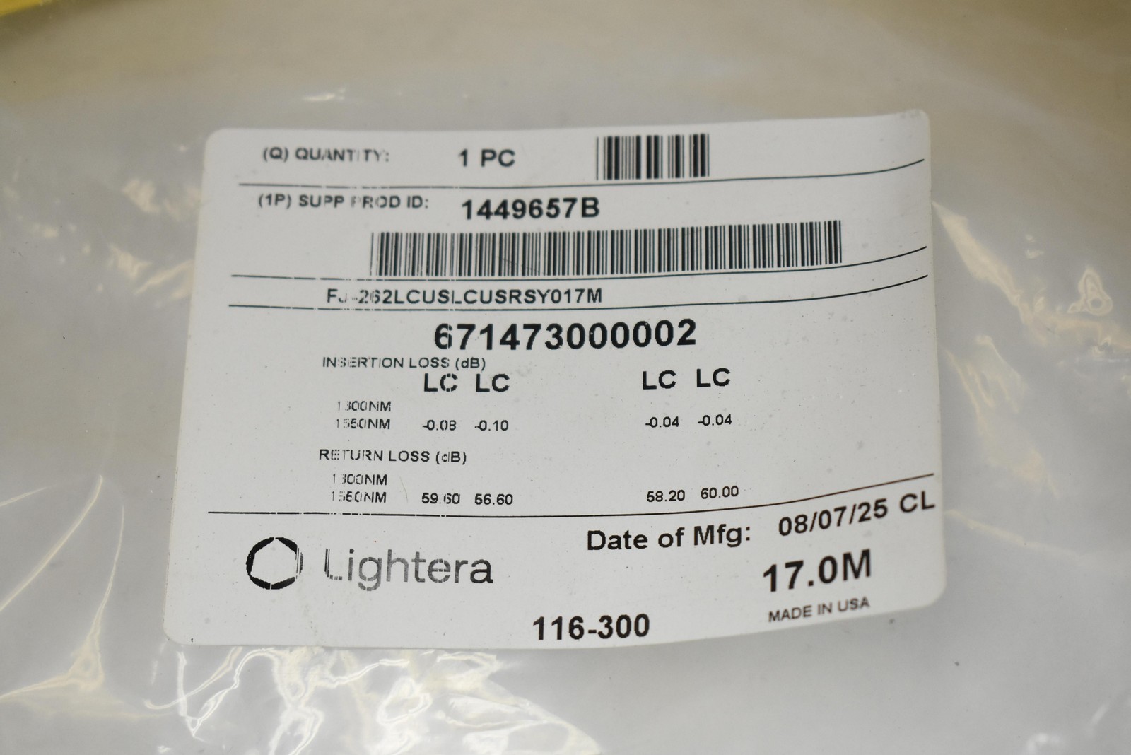 2 Lightera LC-LC Fiber Optic Patch Cable 17m Yellow Made in USA UPC 671473000002