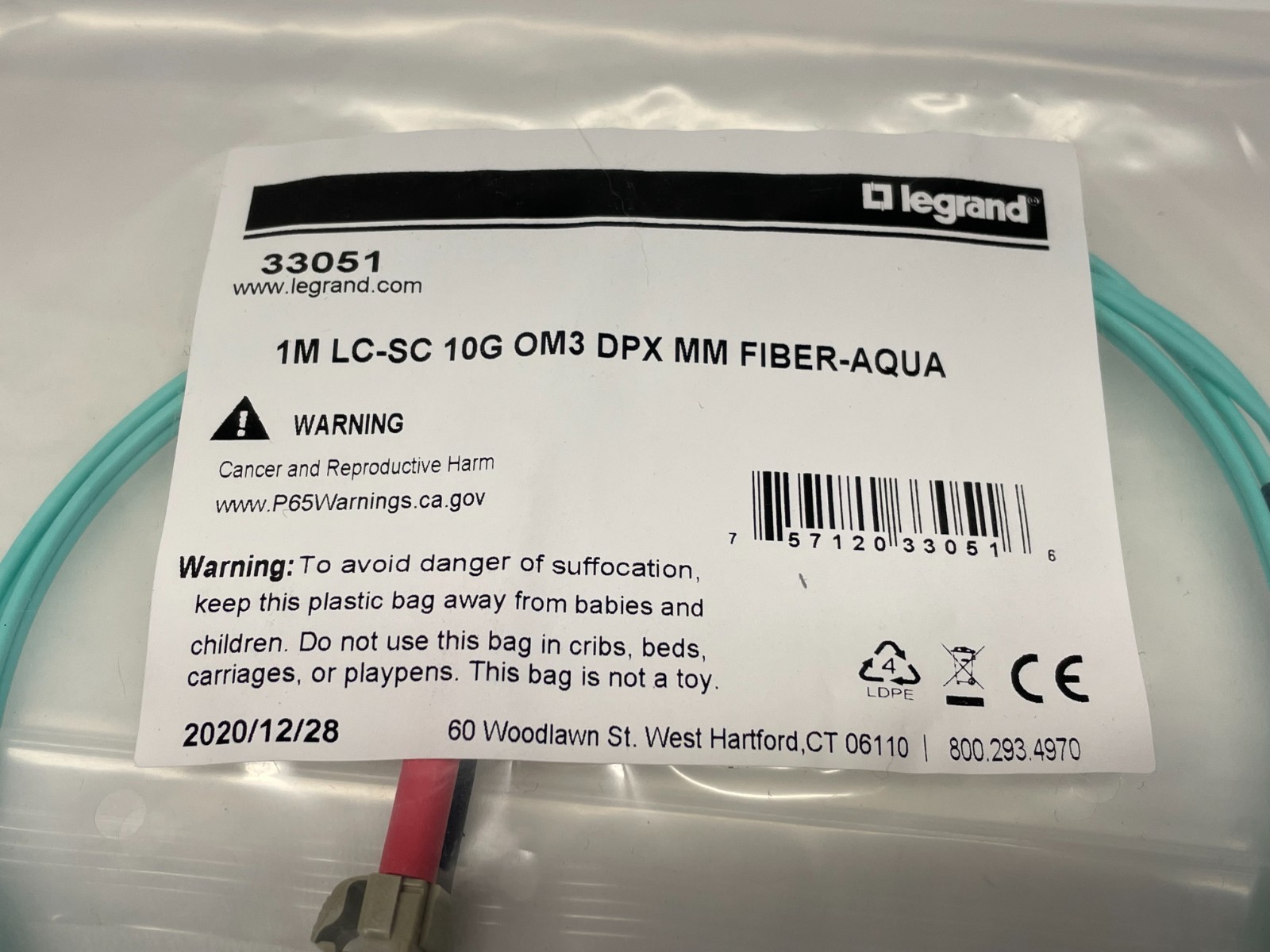 Legrand 33051 C2G 1M Fiber Optic Cable LC-SC 10G OM3 DPX MM – Aqua LOT OF 4