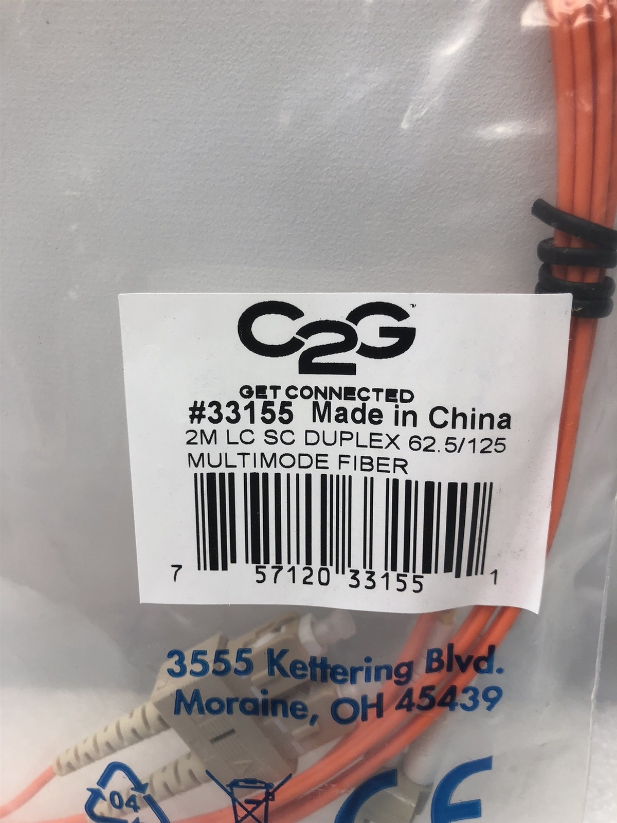 C2G #33155 2M LC SC DUPLES 62.5/125 MULTIMODE FIBER OPTIC CABLE NEW NOS