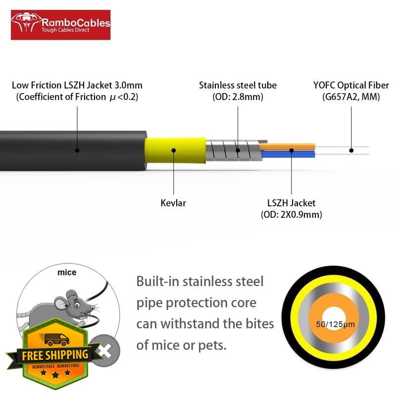 RamboCables 330ft OS2 LC to LC SM Outdoor Armored Fiber Patch Cable Direct Bu…