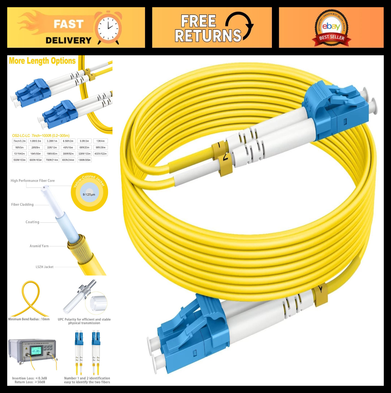 330ft OS2 LC to LC Single Mode Fiber Patch Cable 10G SMF LSZH Duplex 9/125μm