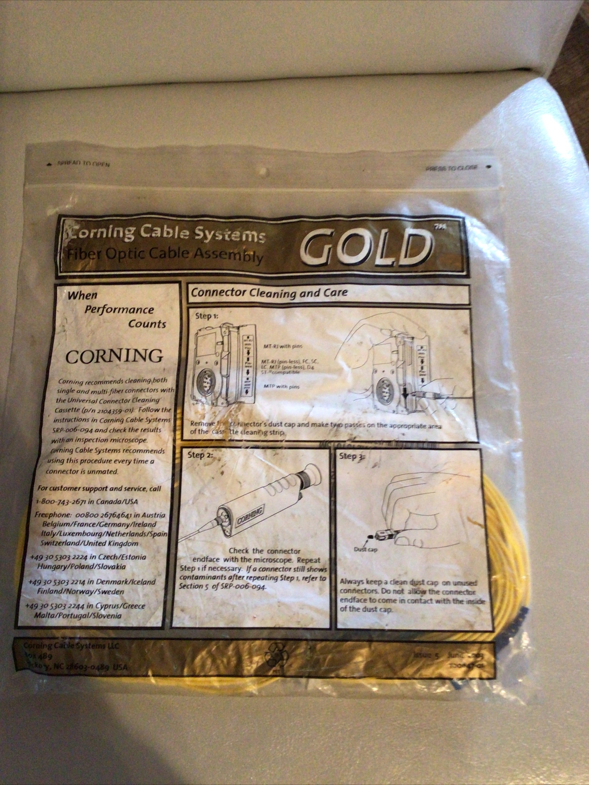 Corning Gold 15m Yellow Fiber Optic Cable 1F SFC SCUPC/STUPC