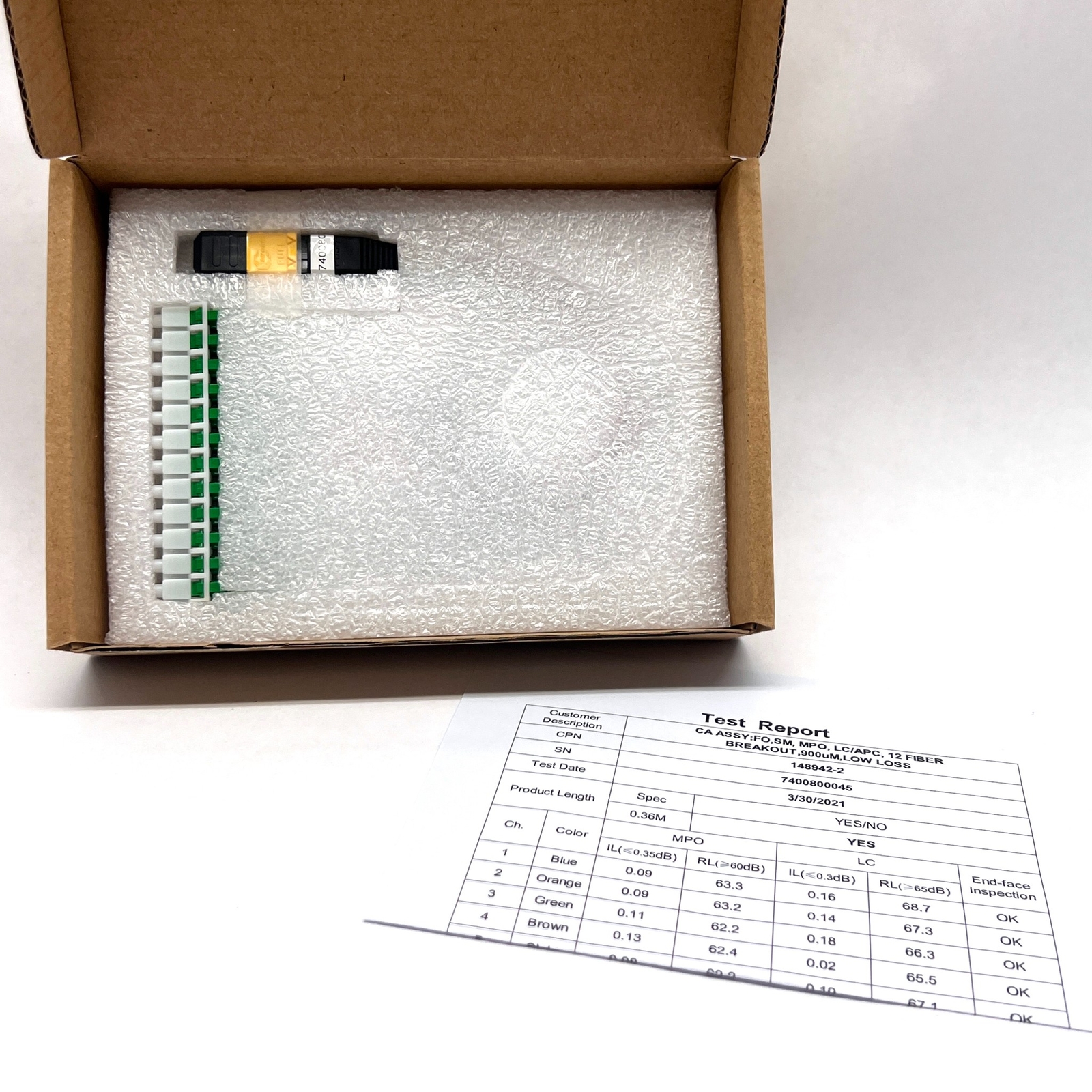 TELECT CA ASSY: FO, SM, MPO, LC/UPC, 12 FIBER BREAKOUT, 900UM, LOW LOSS 3 Each
