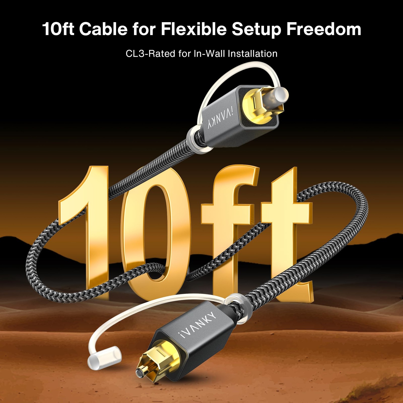 IVANKY Optical Audio Cable, 10ft Toslink Fiber Optic Cord, S/PDIF Digital Opt…