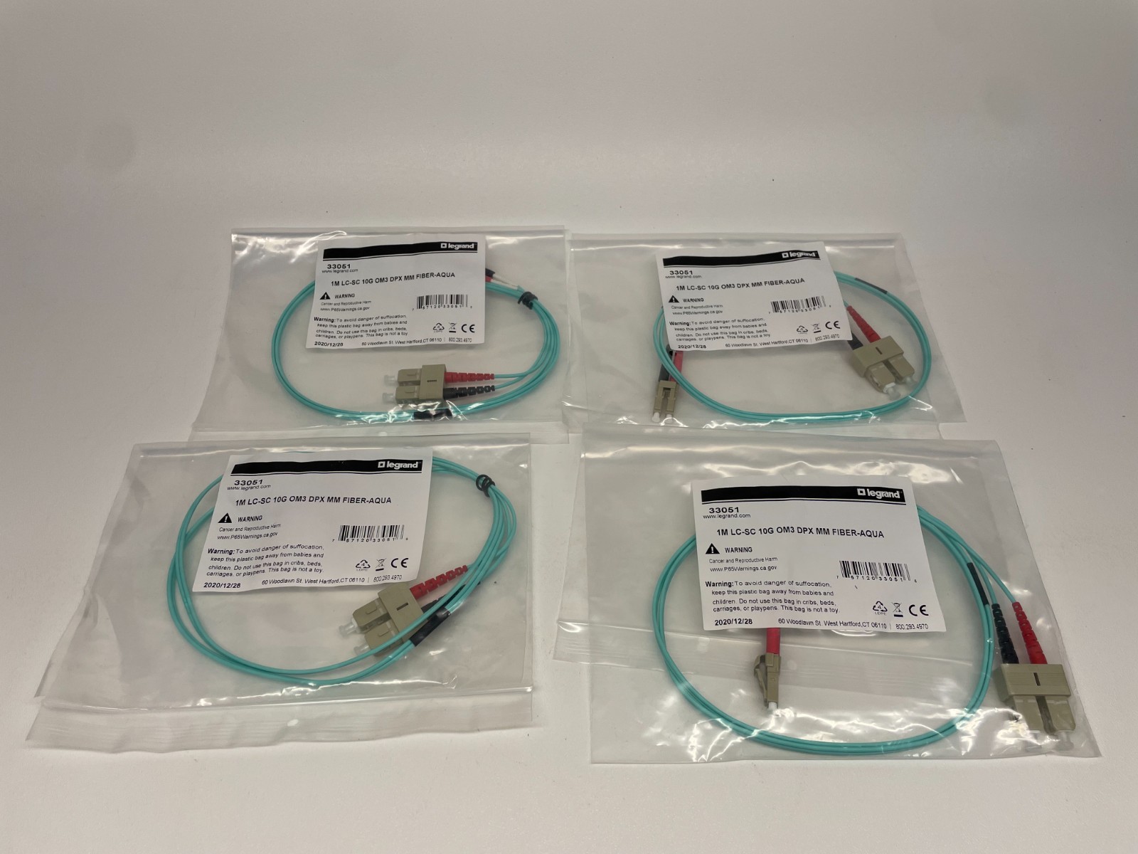 Legrand 33051 C2G 1M Fiber Optic Cable LC-SC 10G OM3 DPX MM – Aqua LOT OF 4