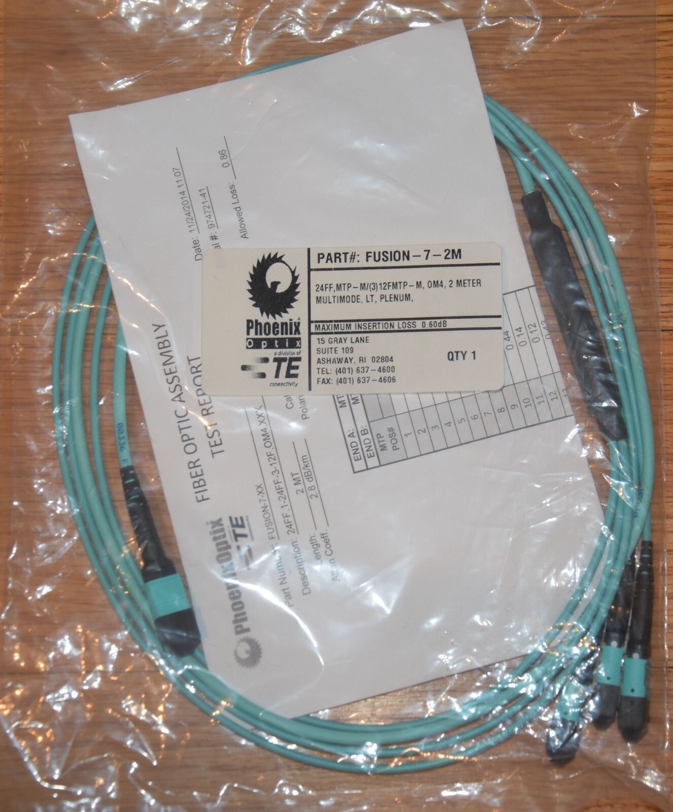 24-Fiber OM4 MTP Male to 3 MTP Male Fiber Optic Fanout Cable Aqua Jacket 2M NEW