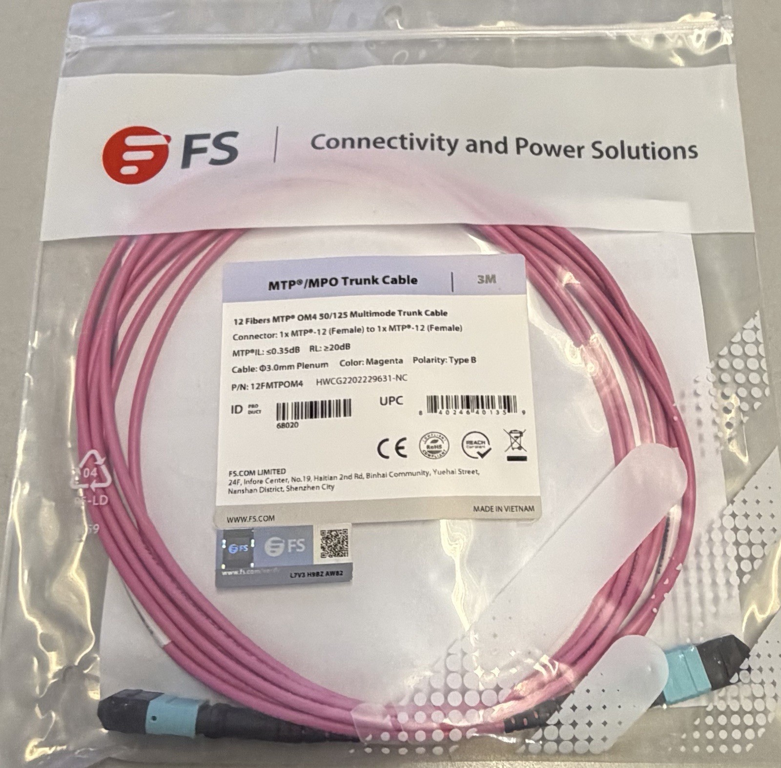 New FS Brand MTP/MPO Trunk Cable 3M OM4 50/125 Multimode 68020 12FMTPOM4