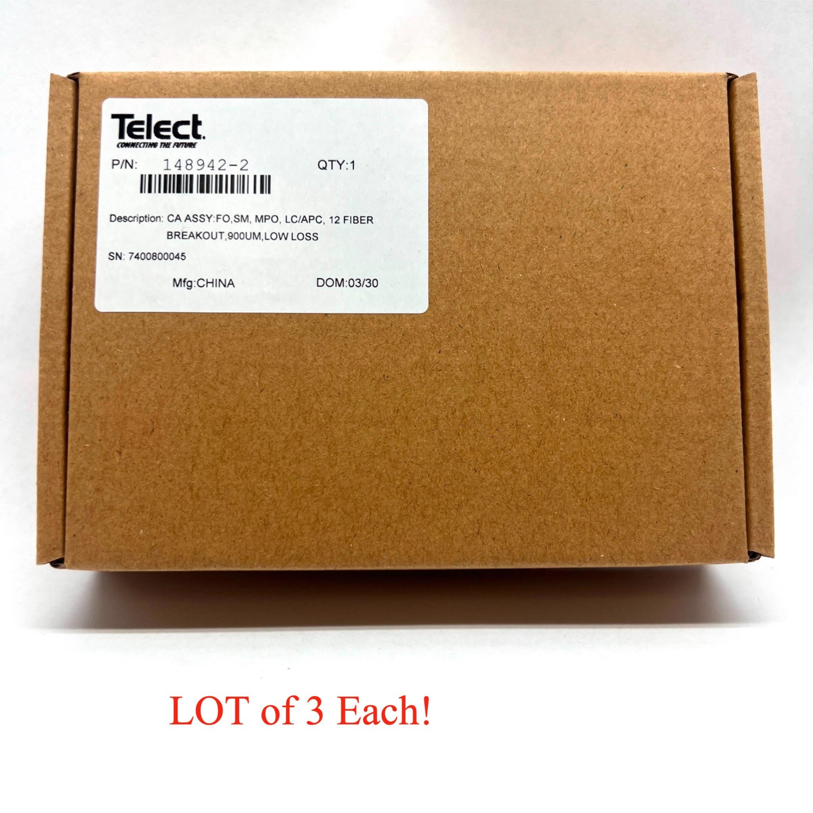 TELECT CA ASSY: FO, SM, MPO, LC/UPC, 12 FIBER BREAKOUT, 900UM, LOW LOSS 3 Each