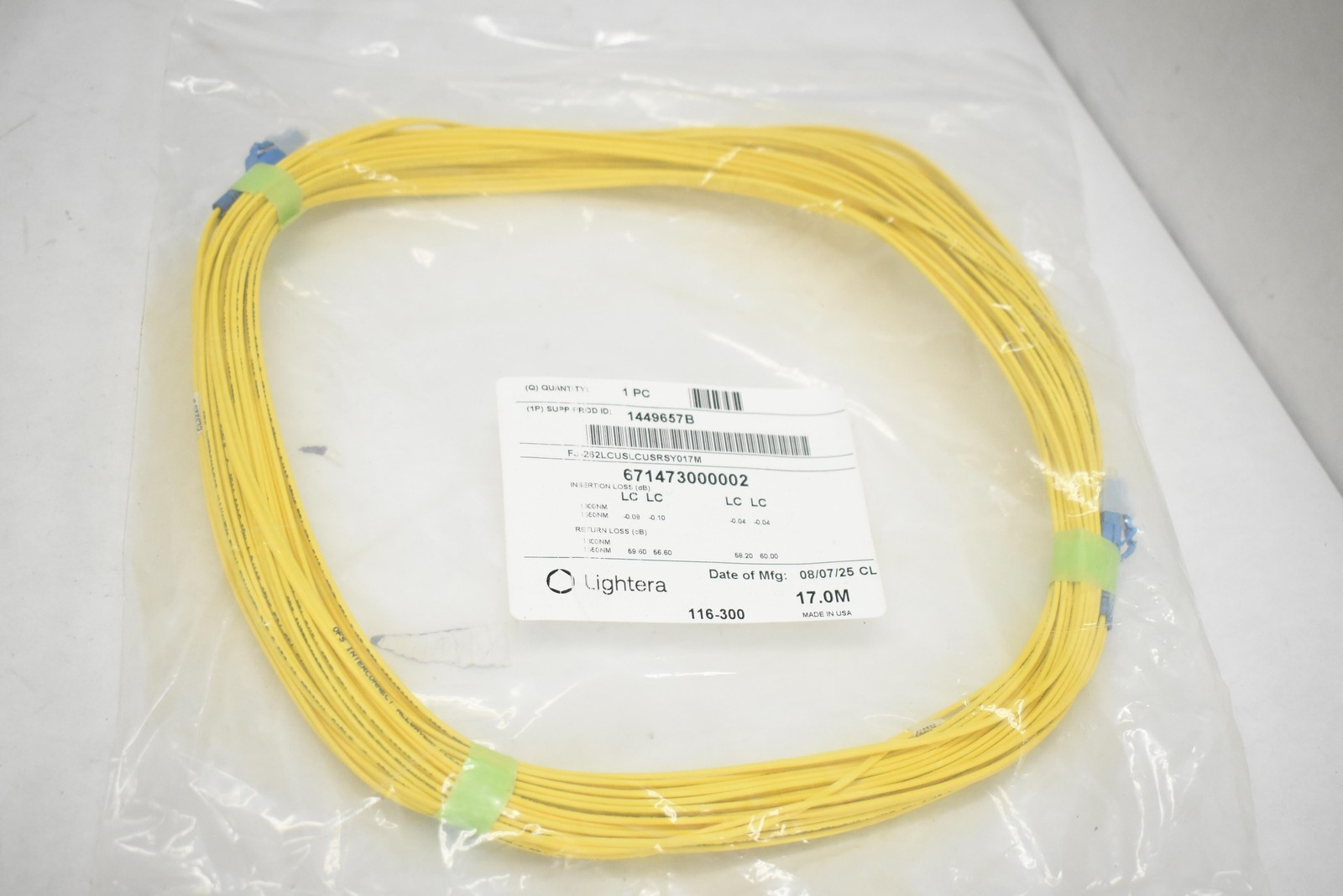 2 Lightera LC-LC Fiber Optic Patch Cable 17m Yellow Made in USA UPC 671473000002