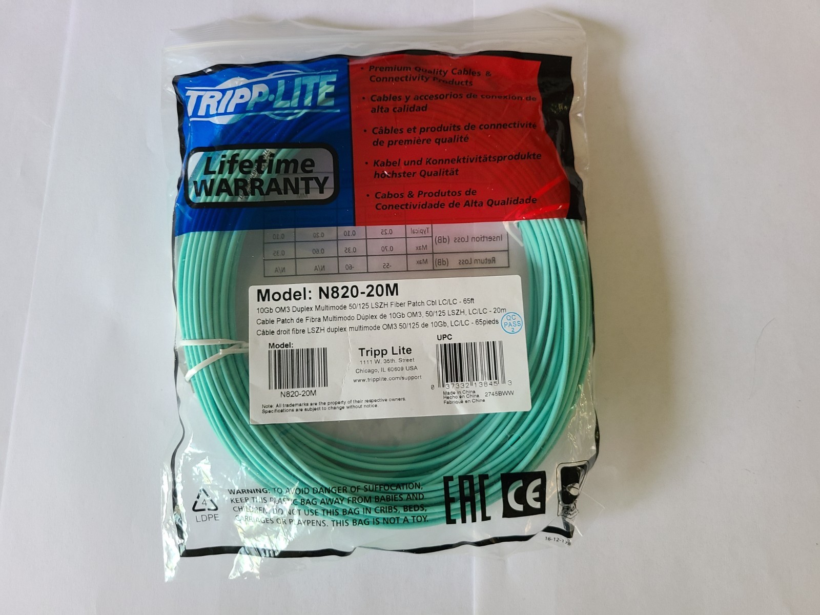 LC-LC OM3 Multi-mode Fiber Patch Cable – 20m (Tripp Lite N820-20M)