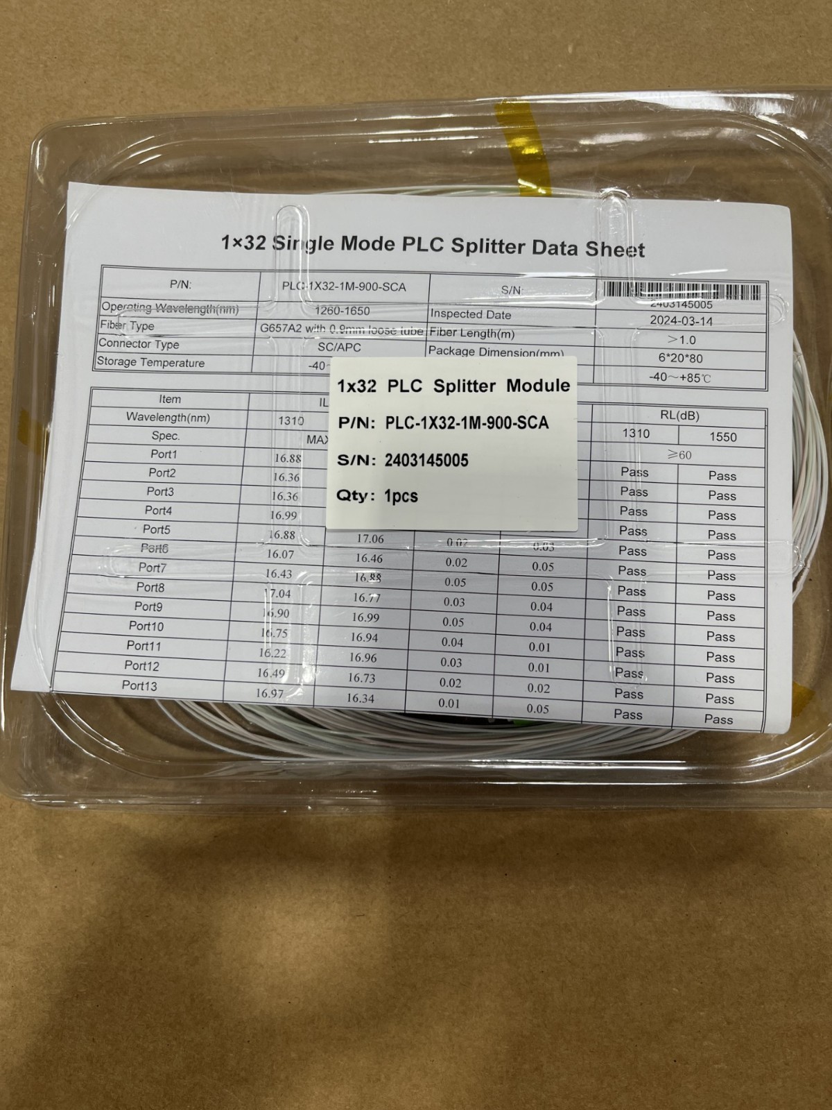1 x 32 SM PLC Splitter, 900um Input & Output Legs, SCAPC Connectors – 1 Meter