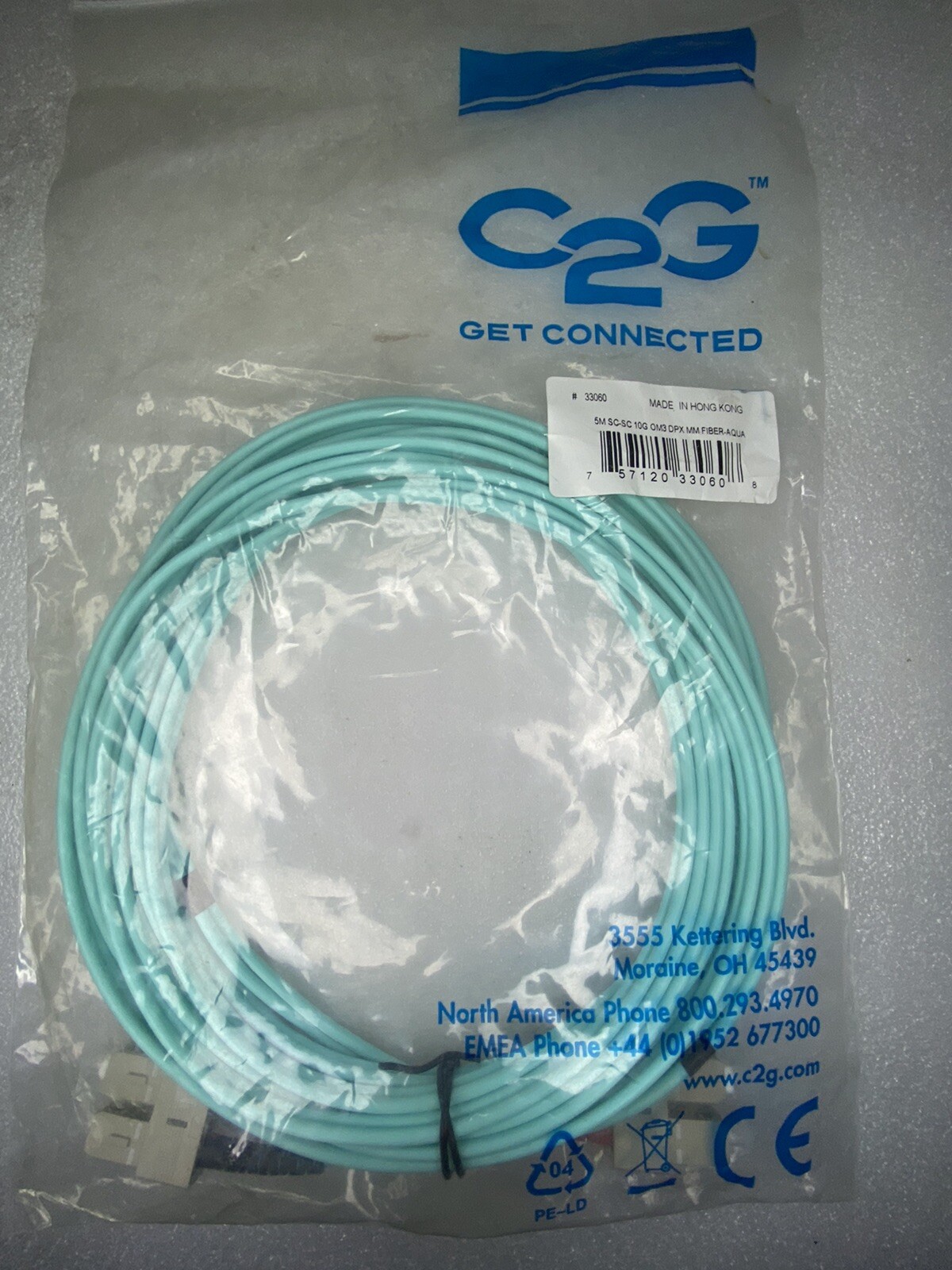 C2G #33060 5m SC-SC 10GB 50/125 OM3 Duplex Multimode PVC Fiber Optic Cable, New
