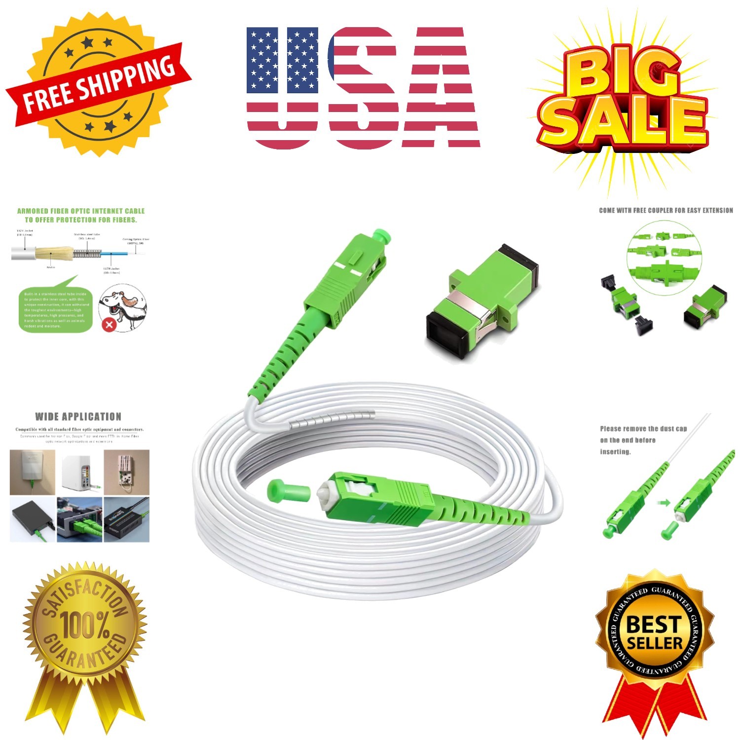 30ft 10 Meters SC/APC to SC/APC Fiber Optic Internet Cable, Armored Single Mo…