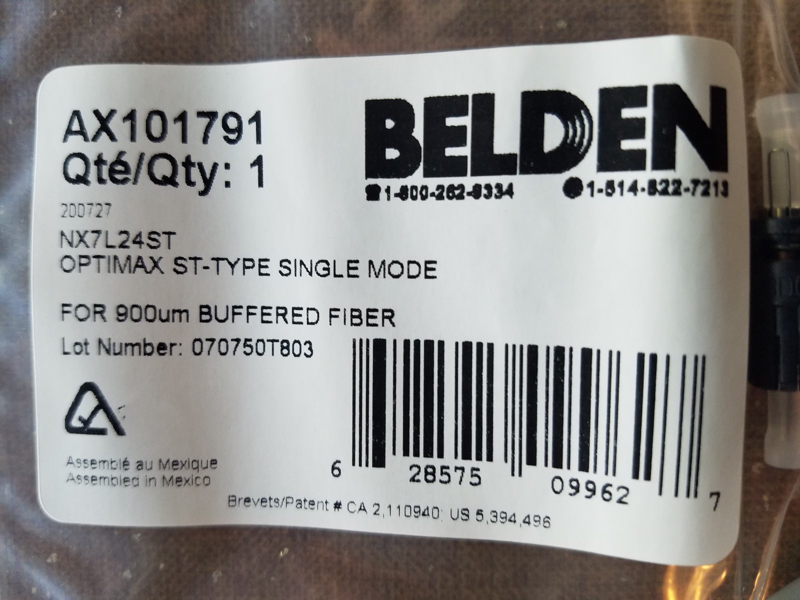 AX101791 Beldon ST Connector SM 8.3/125 PrePolished Stub .9MM Optimax