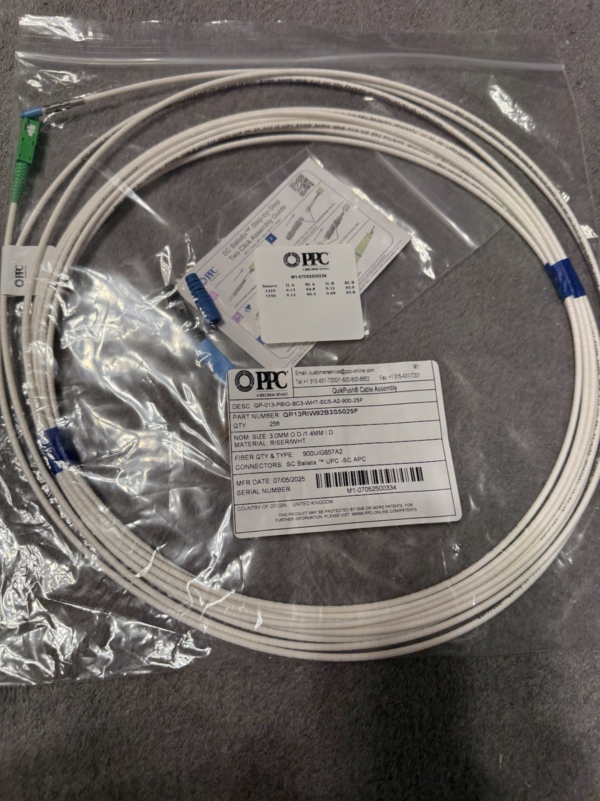 25FT Belden PPC Fiber Jumper Cable qp13riw92b3s5025f