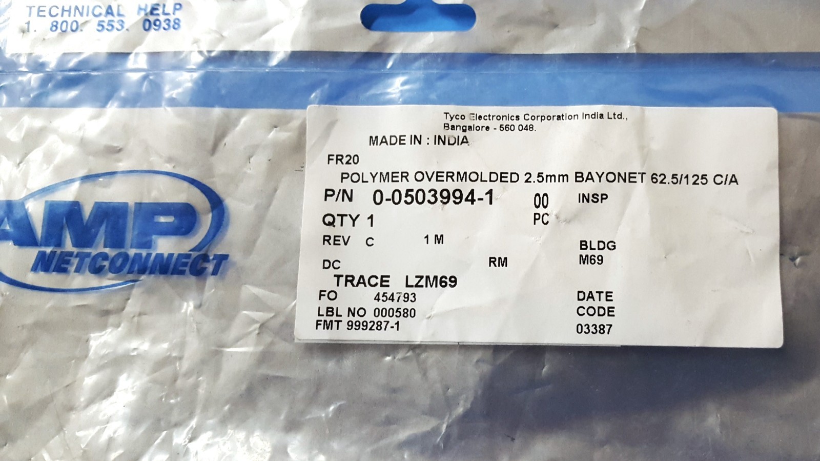 One- 2.5mm Fiber Optic Cable, BAYONET AMP 503994-1, Polymer Overmolded