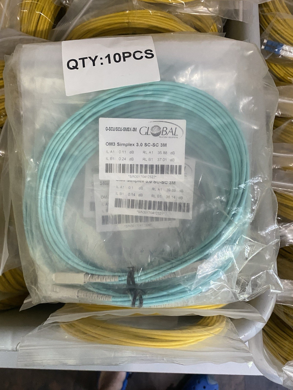 SC/UPC-SC/UPC, Simplex, 3mm Jacket, OM3 Aqua Fiber Optic Patch Cord, 3m (qty.10)