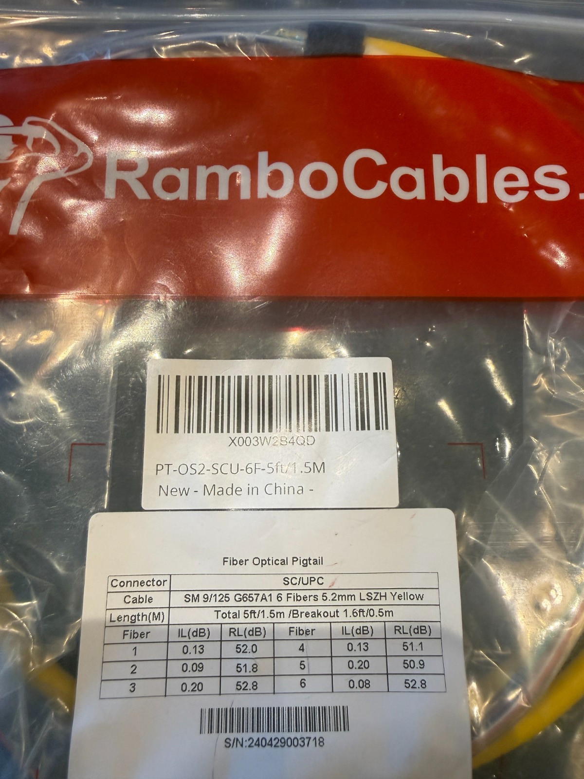 6 Fiber SC/UPC OS2 Single Mode Fiber Optic Pigtail 1.5M LSZH PT-OS2-SCU-6F