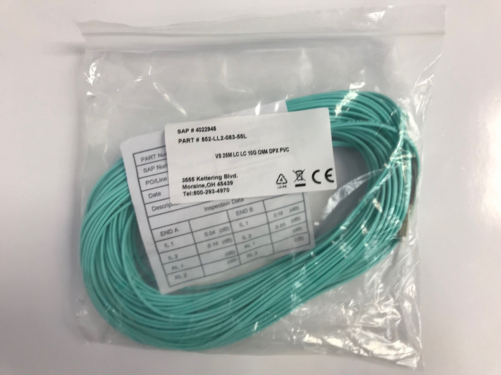 C2G LEGRAND 4022945 852-LL2-083-55L VS 25M LC LC 10G OM4 DPX PVC FIBER CABLE NEW
