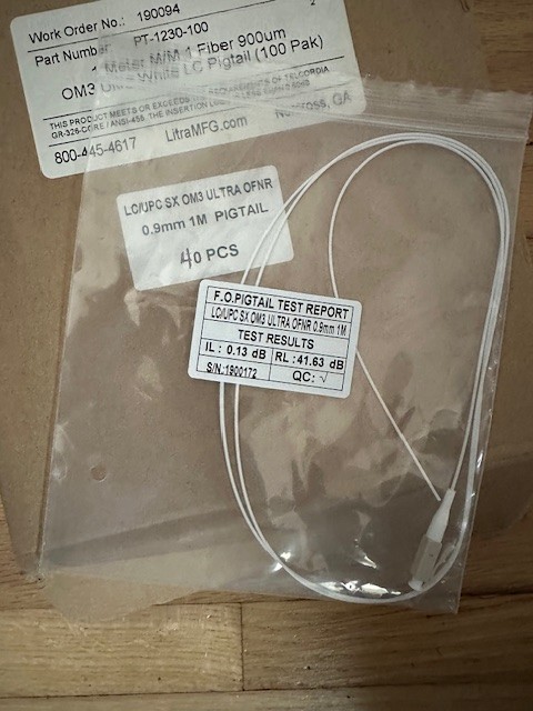 40 Piece 1M 50/125 UPC MultiMode Simplex 900UM Fiber Optic Pigtail Clear