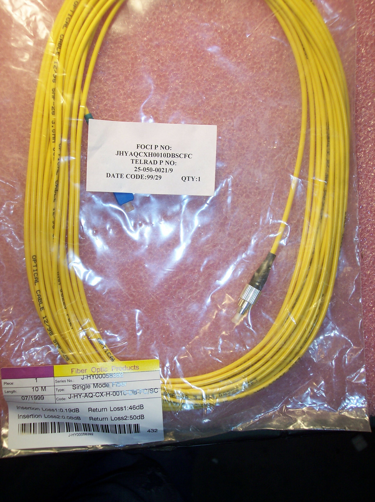 QTY (1) J-HY-AQ-CX-H-0010-DB-SC/FC SINGLE MODE FIBER OPTIC PATCH CORD 10 METERS