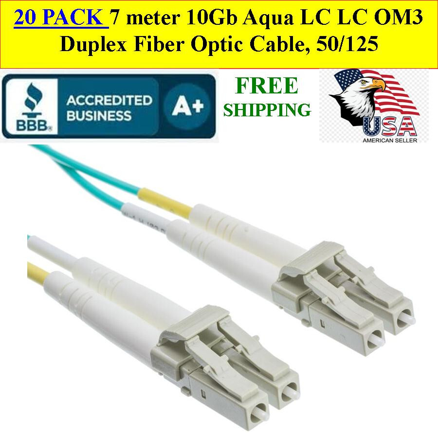 20 CABLES 7 meters 10Gb Aqua LC OM3 Duplex Fiber Optic Cable, 50/125