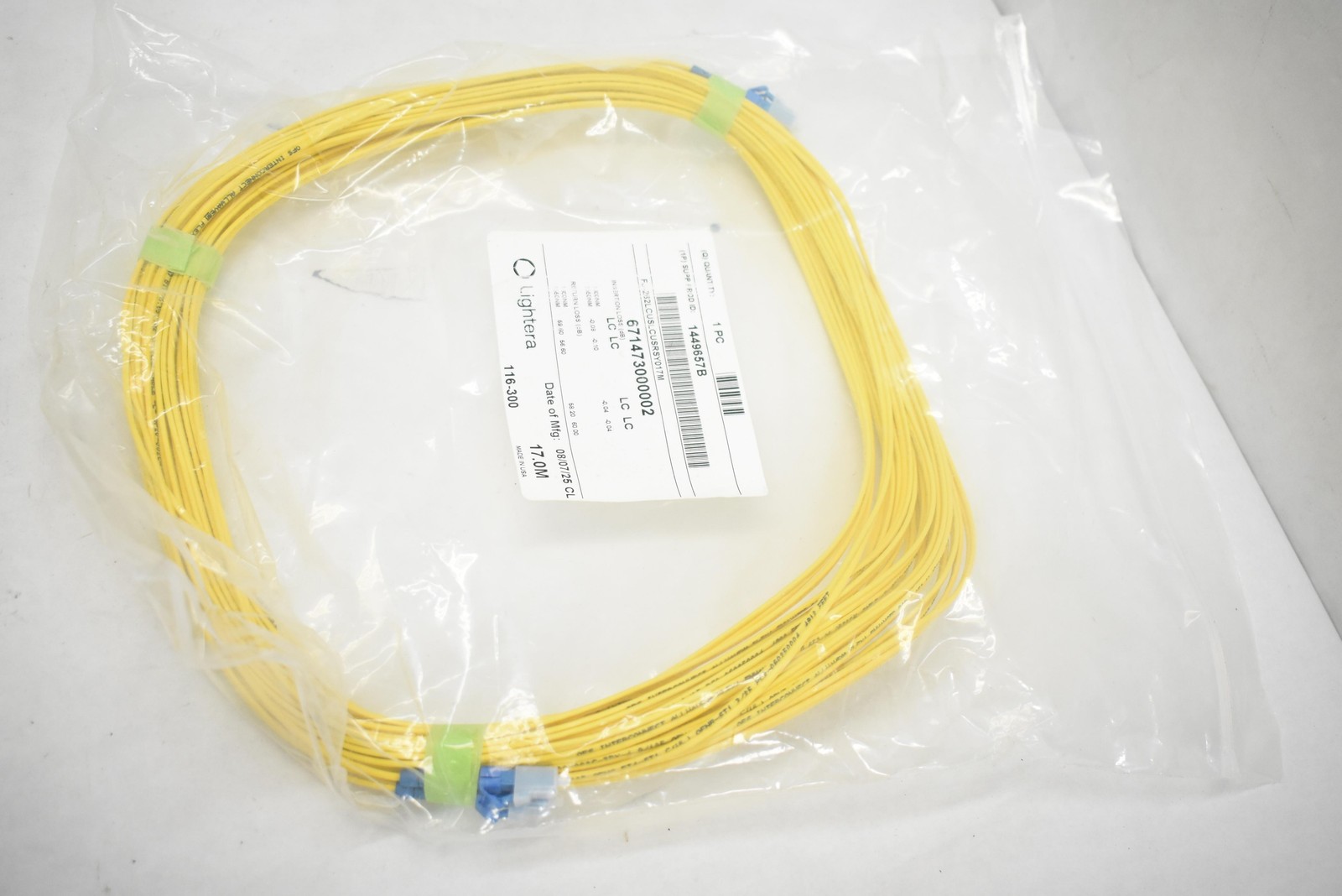 2 Lightera LC-LC Fiber Optic Patch Cable 17m Yellow Made in USA UPC 671473000002