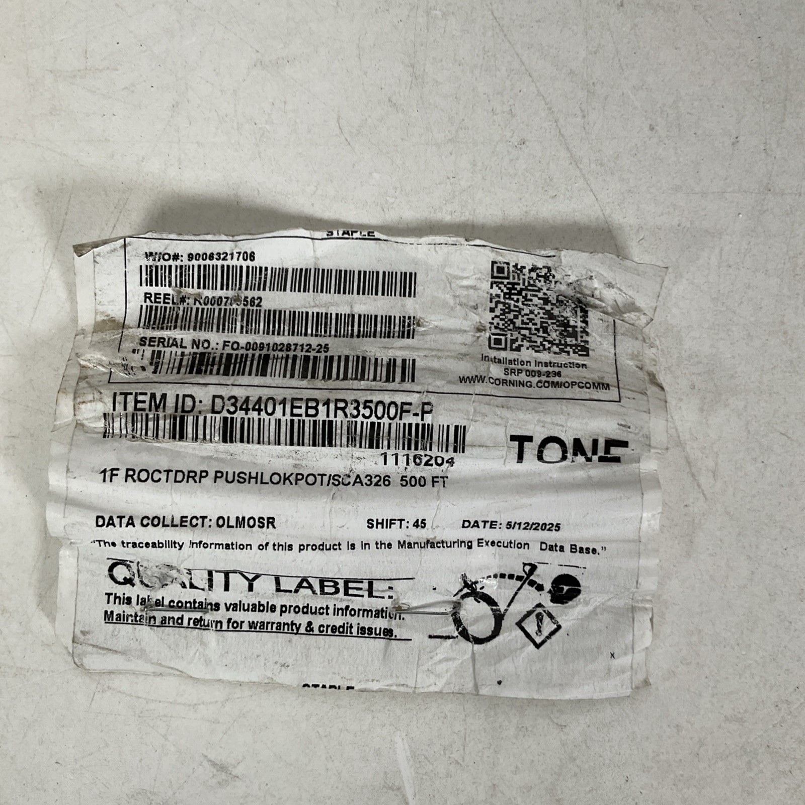 CORNING Flat Fiber Optic DROP PUSHLOK 1f roctdrp pushlokpot/sca326 500 ft