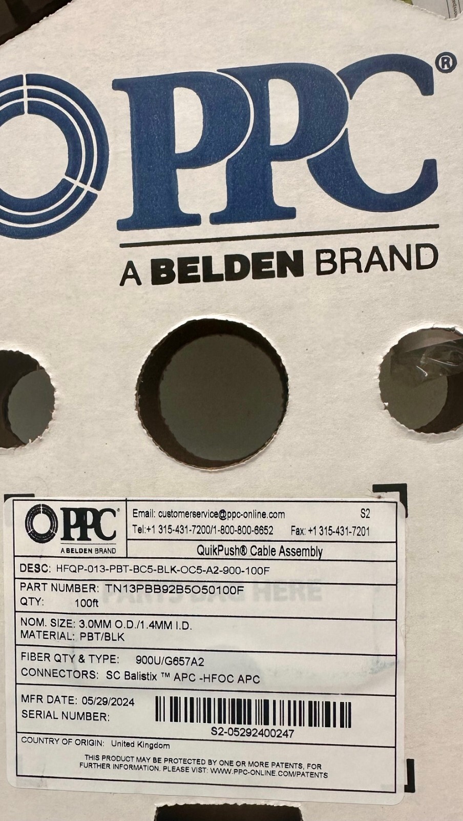 [5x] PPC Belden 3.0mm 900U / G657 A2/ TN13PBB92B5O50100F / SC BALISTIX / 500 FT