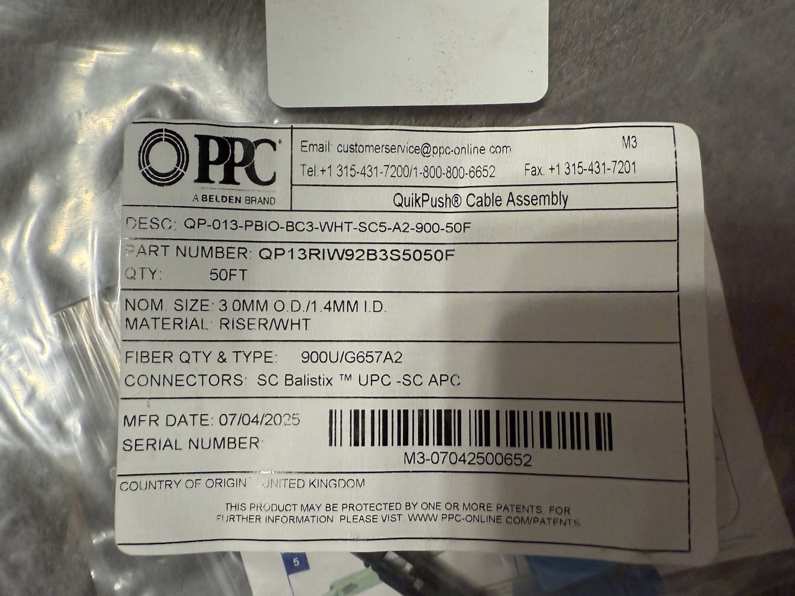50FT Belden PPC Qp13riw92b3s5050f Fiber Jumper Cable