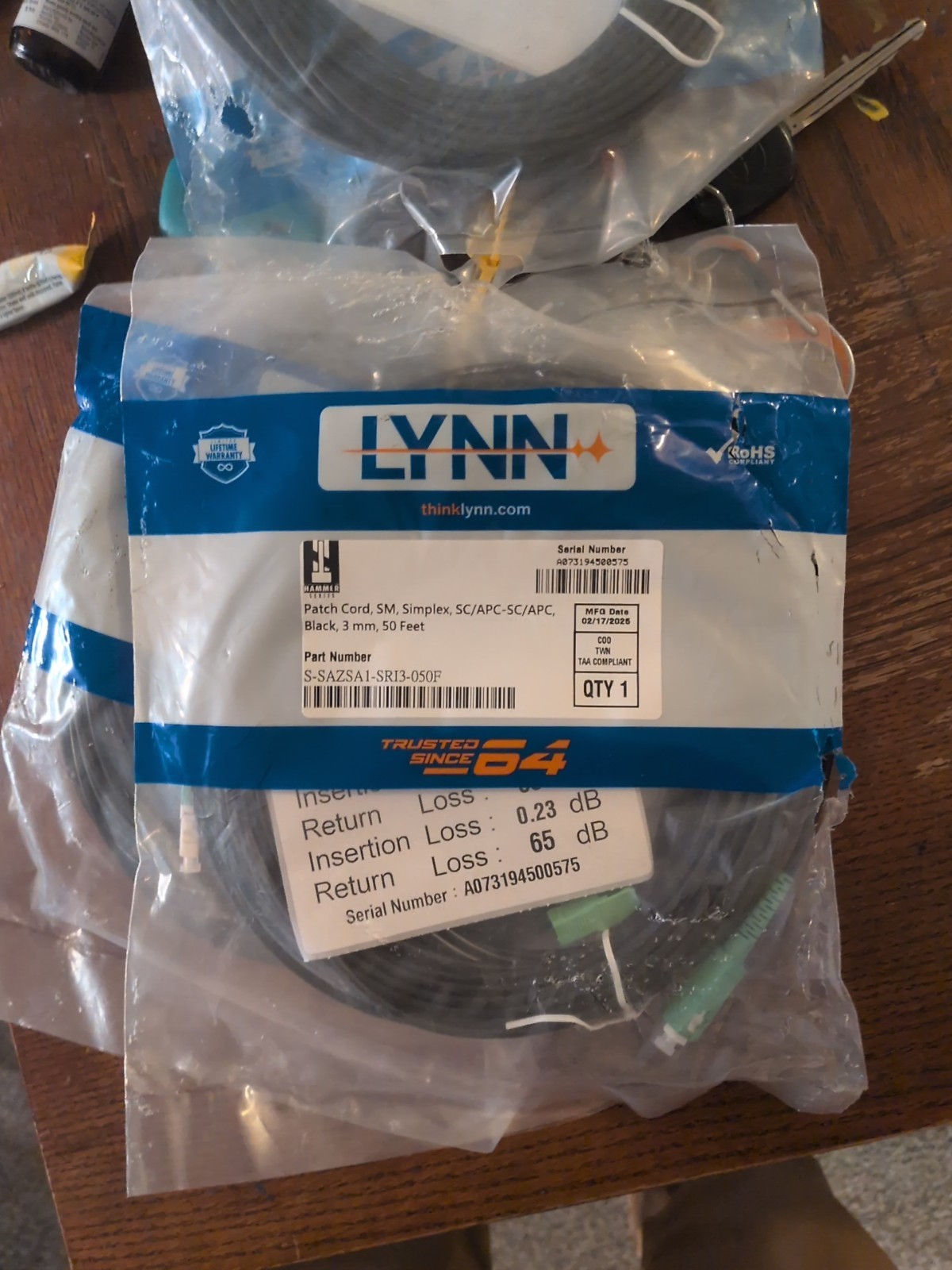 4 pack Lynn Patch Cabling SIMPLEX SC/APC SC /APC Black 50ft SSAZSA1SR13050F