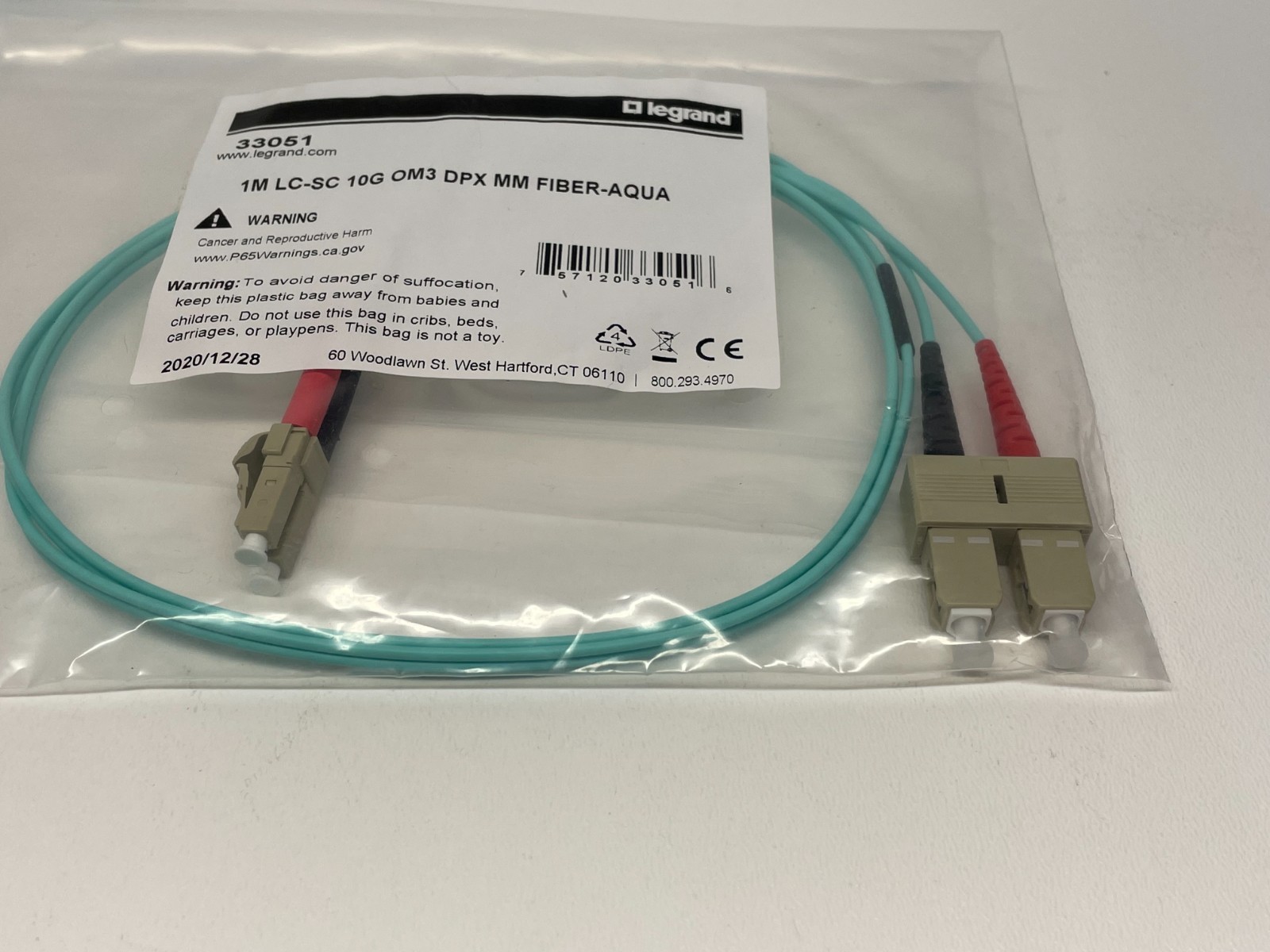 Legrand 33051 C2G 1M Fiber Optic Cable LC-SC 10G OM3 DPX MM – Aqua LOT OF 4