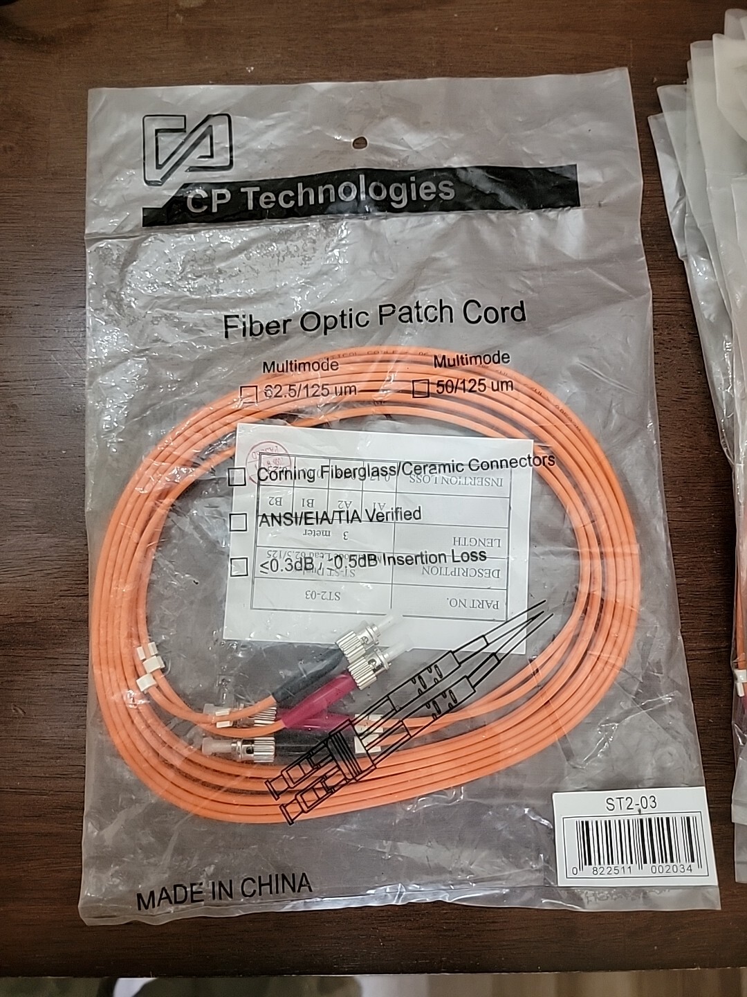 NEW IN PKG CP TECHNOLOGIES FIBER OPTIC PATCH CORD ST2-03 62.5/125um