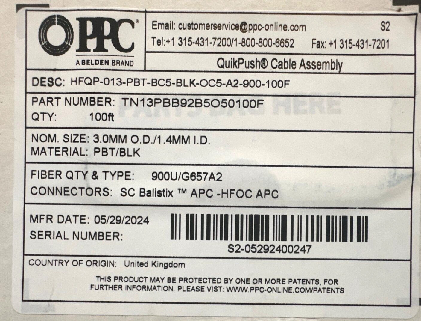 [5x] PPC Belden 3.0mm 900U / G657 A2/ TN13PBB92B5O50100F / SC BALISTIX / 500 FT