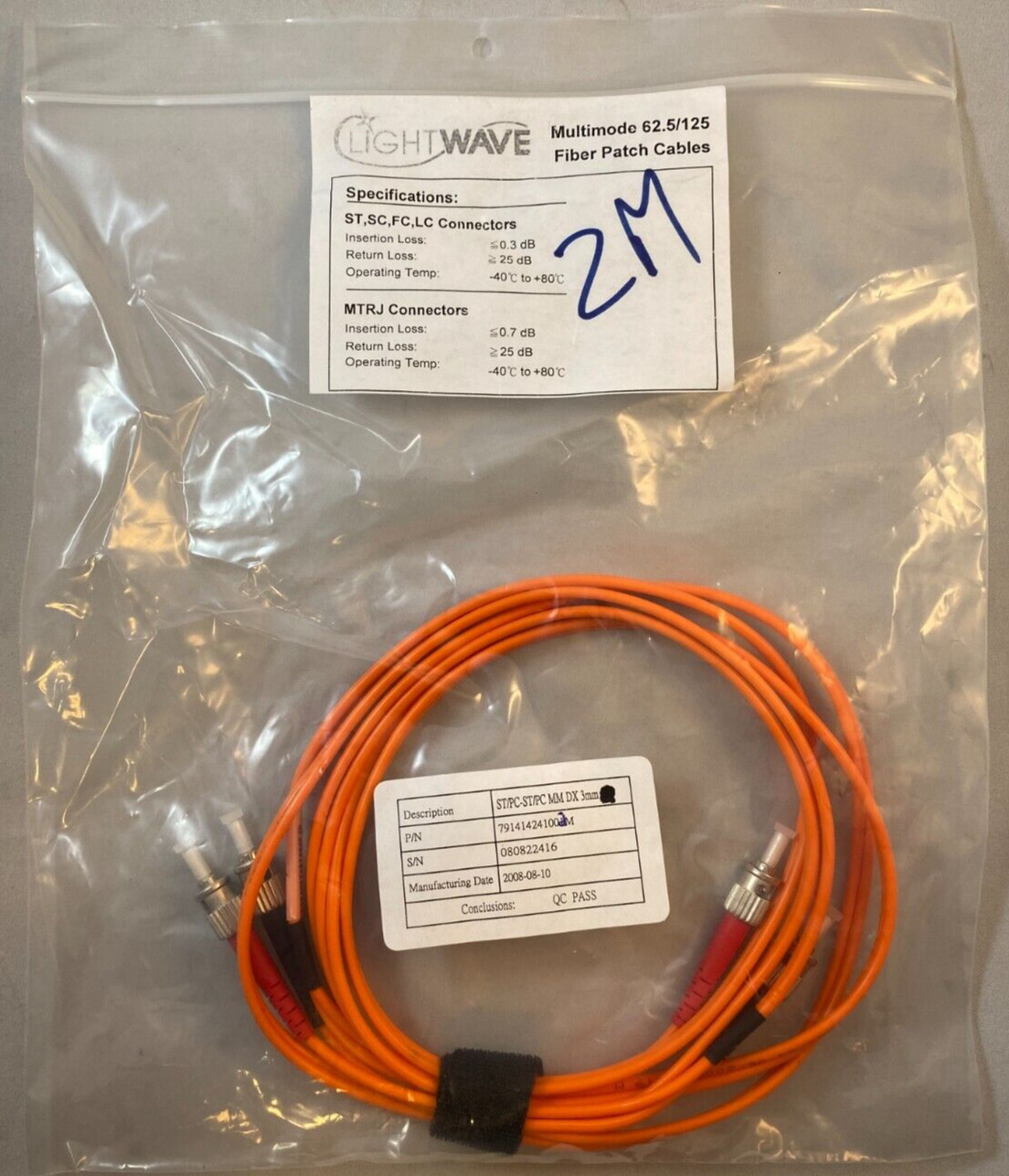 Light Wave 2M 62.5/125 ST- ST Fiber Patch Cable Cord Jumper