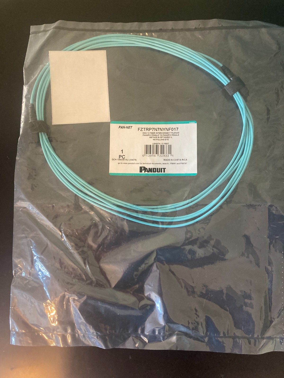 Brand New PANDUIT OM4 12 FIBER MPO CABLE 17 FEET (FZTRP7N7NYNF017)