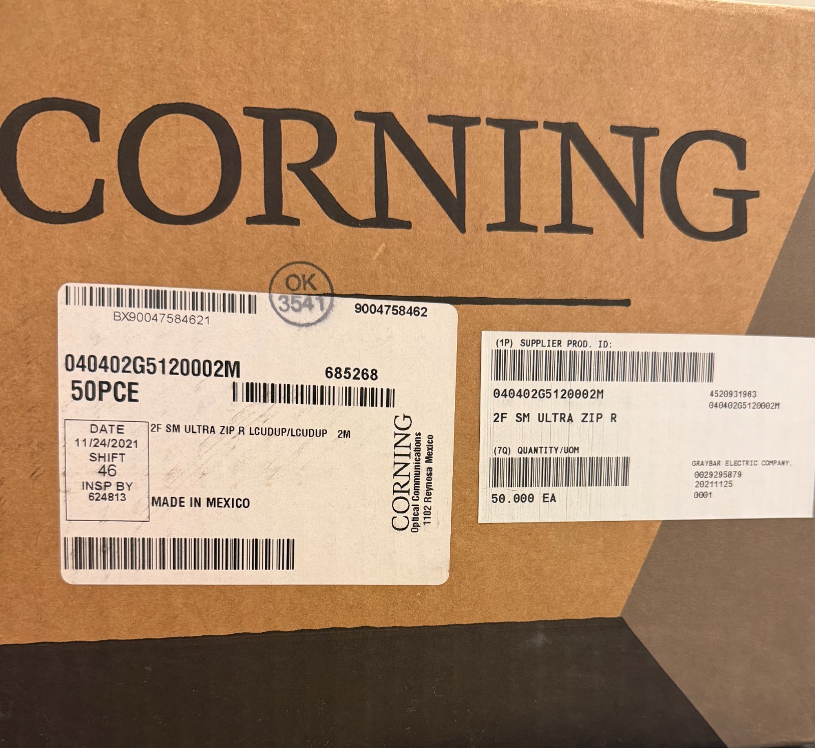 Corning Singlemode Fiber Jumper 2 meter. LC/LC duplex. Box of 50. Factory New