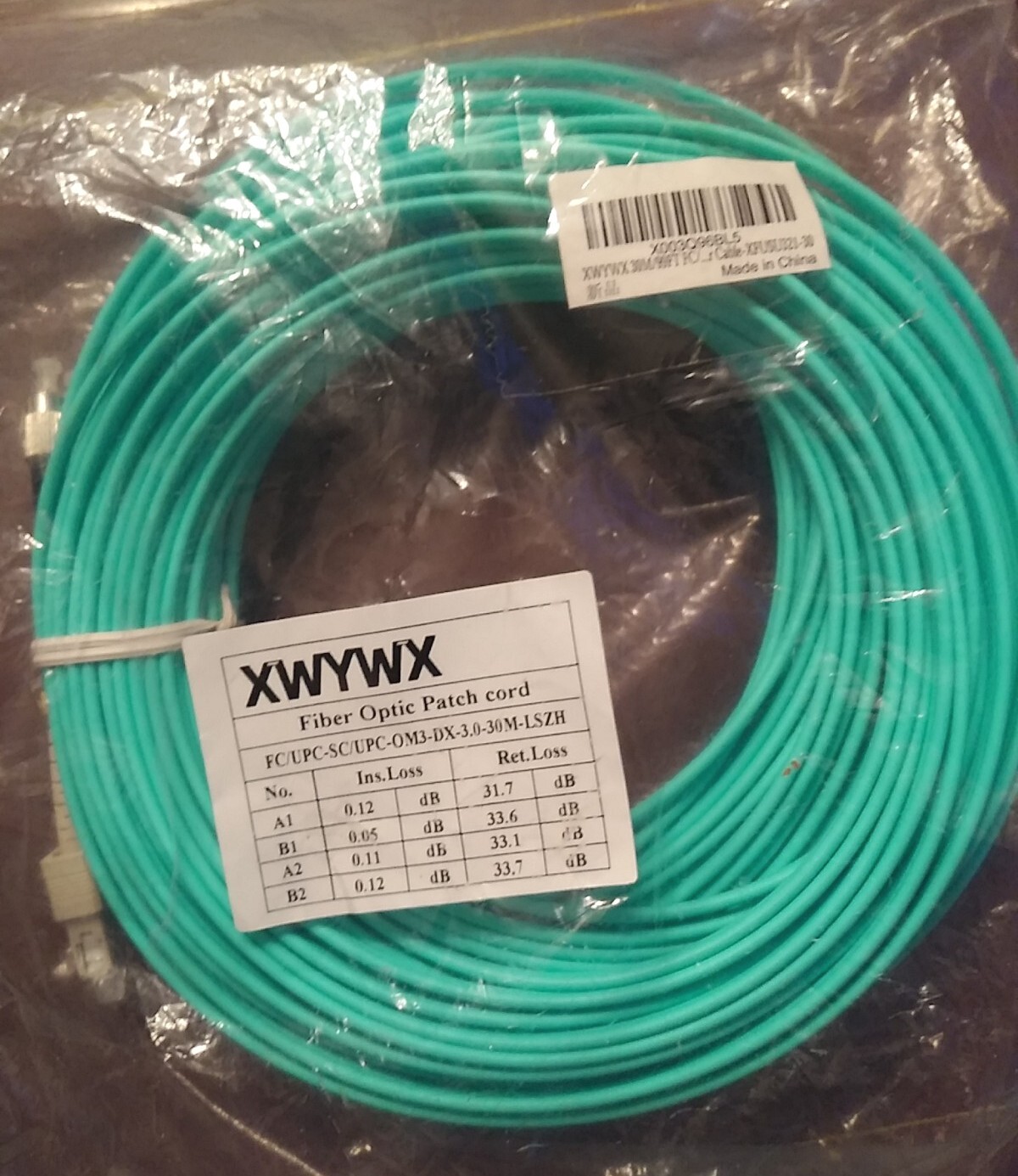 30M/98FT LC/UPC to FC/UPC MM OM3 DX LSZH 3.0mm Indoor Fiber Optic Patch Cord