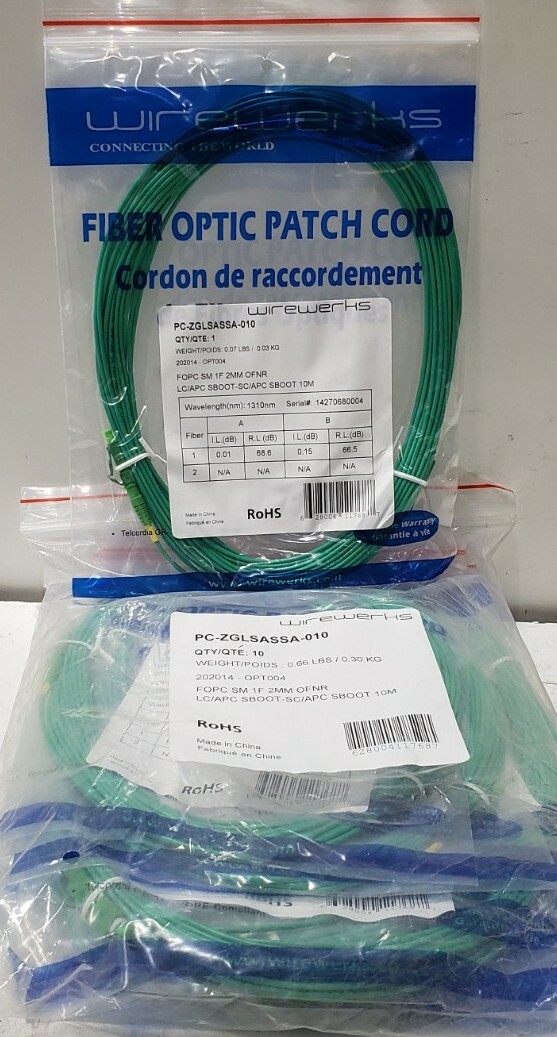 Wirewerks FOPC SM 1F 2mm OFNR Fiber Optic Patch Cable 10M Green QTY 10